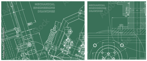 Blueprint illustration set. Engine line drawing