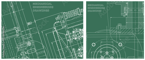 Blueprint illustration set. Engine line drawing