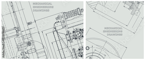 Blueprint illustration set. Engine line drawing