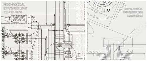 Blueprint illustration set. Engine line drawing