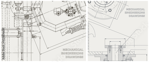 Blueprint illustration set. Engine line drawing