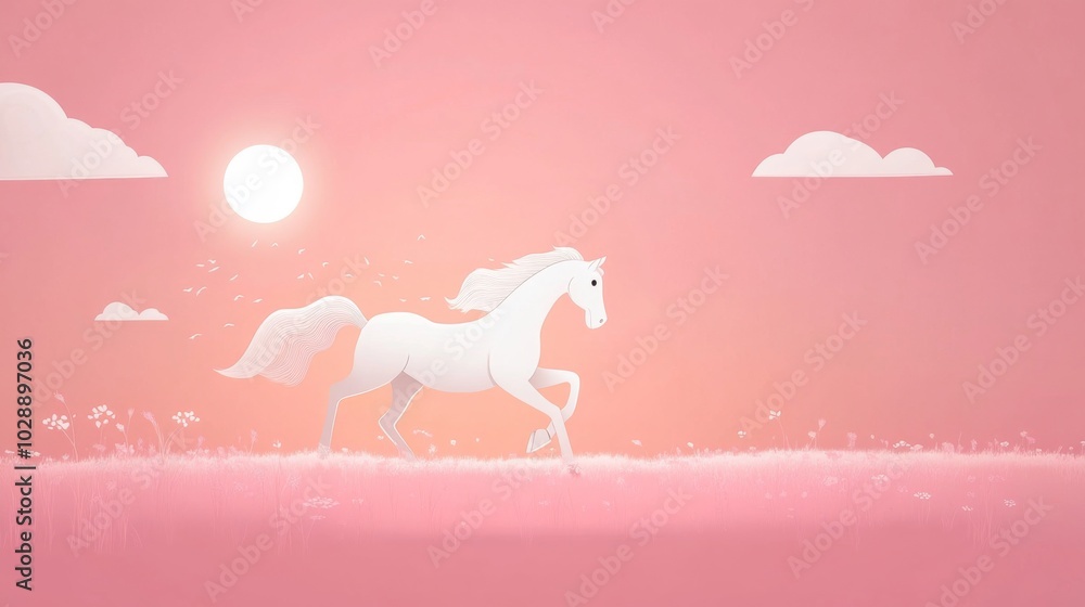 A white horse runs through a pink field with a sun and clouds in the sky. A white horse runs through a pink field with a sun and clouds in the sky.