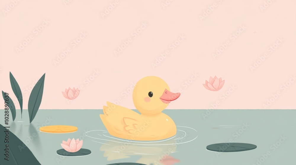 A yellow rubber duck floats on a pond with lily pads and flowers. A yellow rubber duck floats on a pond with lily pads and flowers.