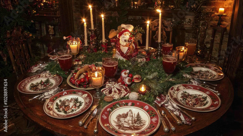 festive Christmas dinner table adorned with decorations and candles