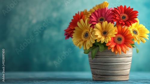 Wallpaper Mural A bouquet of bright yellow, orange, and pink gerbera daisies in a brown pot on a blue wooden surface. Torontodigital.ca