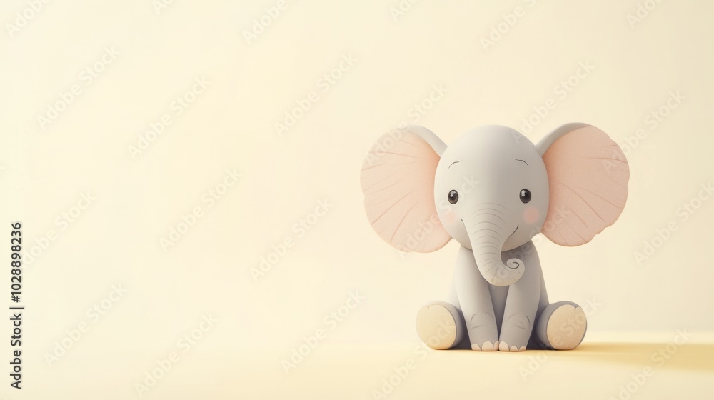 Fototapeta premium Adorable cartoon elephant with big ears and pink cheeks sitting on a light yellow background.