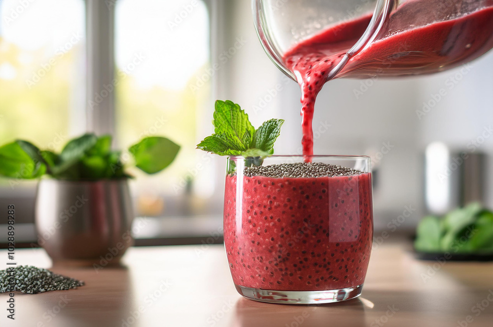 Roter Smoothie wird in ein Glas gefüllt