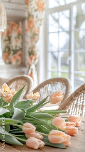 Bright and Airy Dining Room with Large Windows, Rustic Interior, Floral Wallpaper, and Soft Tulips on a Wooden Table photo