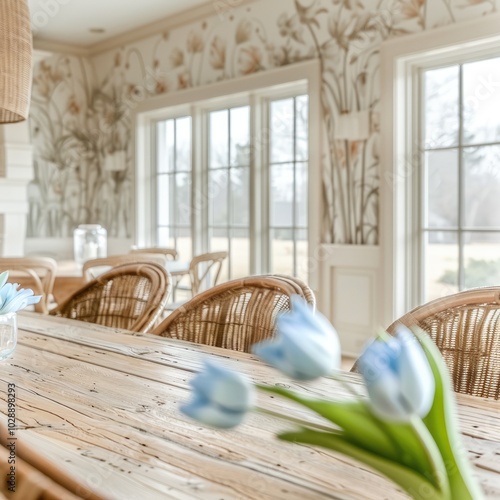 Bright and Airy Dining Room with Large Windows, Rustic Interior, Floral Wallpaper, and Soft Tulips on a Wooden Table photo