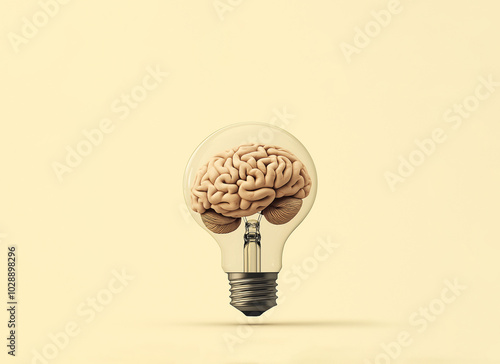 human brain inside of light bulb on beige background