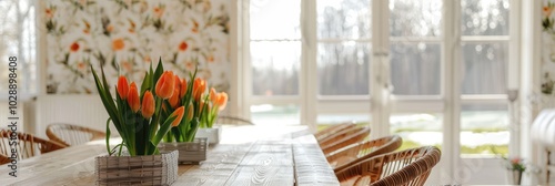 Bright and Airy Dining Room with Large Windows, Rustic Interior, Floral Wallpaper, and Soft Tulips on a Wooden Table photo