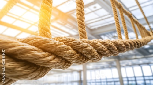 Complex web of interconnected ropes symbolizing intricate business relationships and antitrust challenges, with a focused foreground rope representing the effort to break monopolies. photo