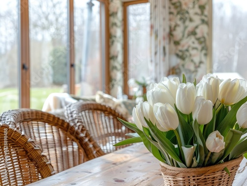 Bright and Airy Dining Room with Large Windows, Rustic Interior, Floral Wallpaper, and Soft Tulips on a Wooden Table photo