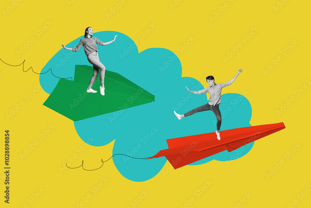 Creative collage picture young man woman paper airplane flight correspondence dance funky motion positive mood disco drawing background Creative collage picture young man woman paper airplane flight correspondence dance funky motion positive mood disco drawing background