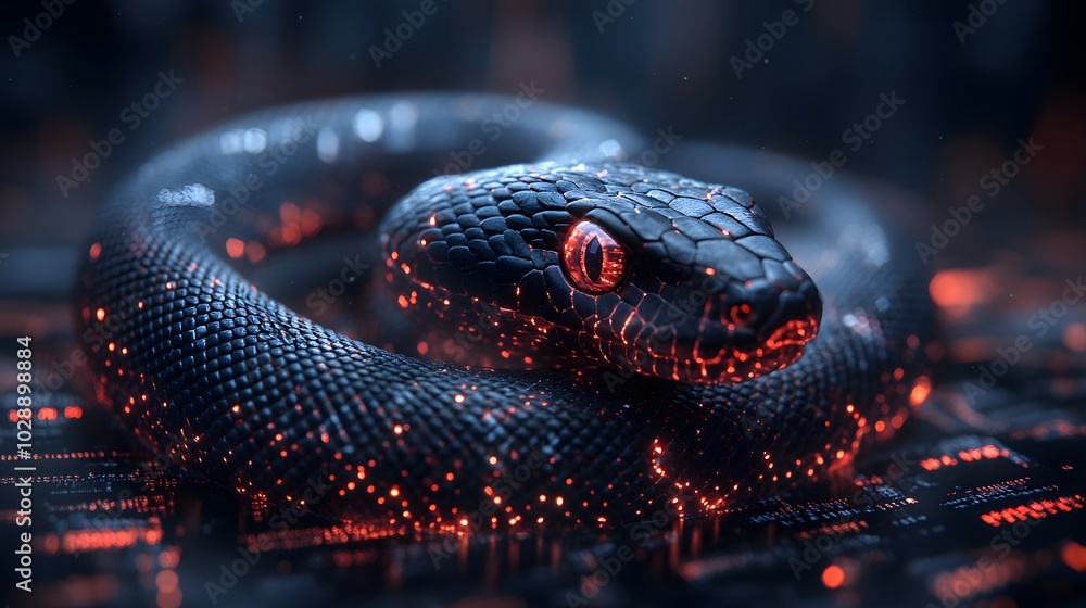 Fototapeta premium Digital snake intertwined with a glowing hologram of a stock market trend, rising upward