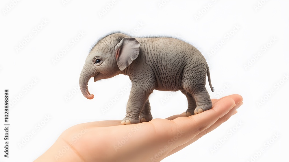 Fototapeta premium Cute Miniature Baby Elephant in Palm and Fingertip, Photo Realistic, Texture, Pattern Background, Wallpaper, Cover and Screen for Smartphone, PC, Laptop, 9:16 and 16:9 Format