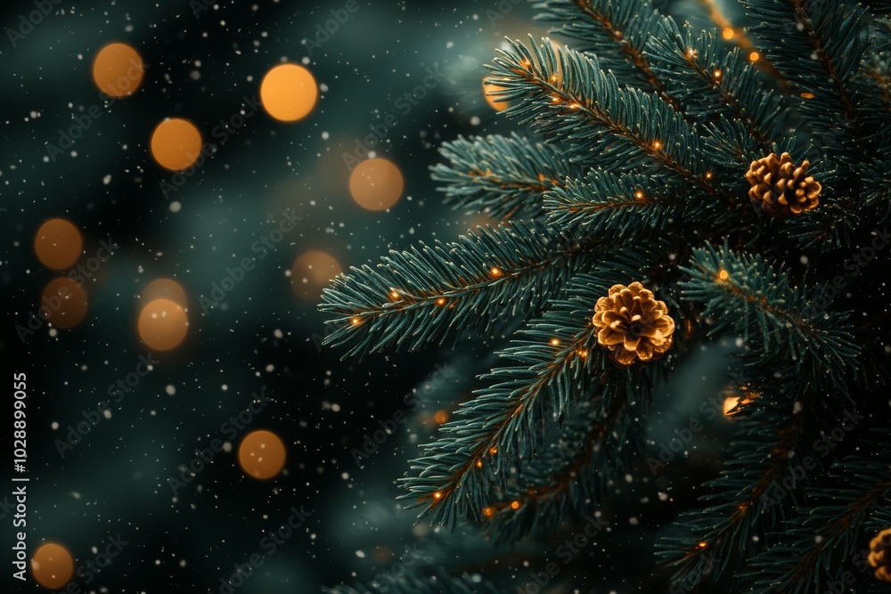 Snow-covered Christmas tree branches with garland. Snow-covered Christmas tree branches with garland.