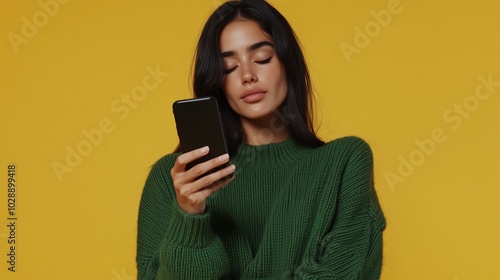 Young woman in a cozy green sweater looks at her smartphone against a bright yellow background during a casual moment