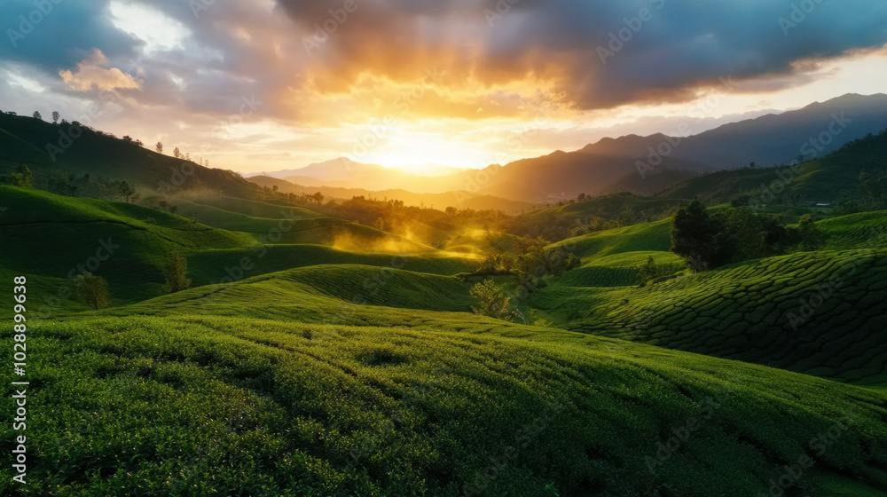 Obraz premium Breathtaking rolling tea hills bathed in golden sunlight at sunset