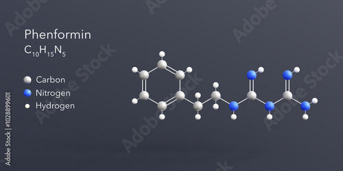 phenformin molecule 3d rendering, flat molecular structure with chemical formula and atoms color coding photo