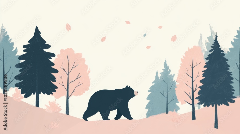 A black bear walks through a forest with pink and blue trees and falling leaves. A black bear walks through a forest with pink and blue trees and falling leaves.