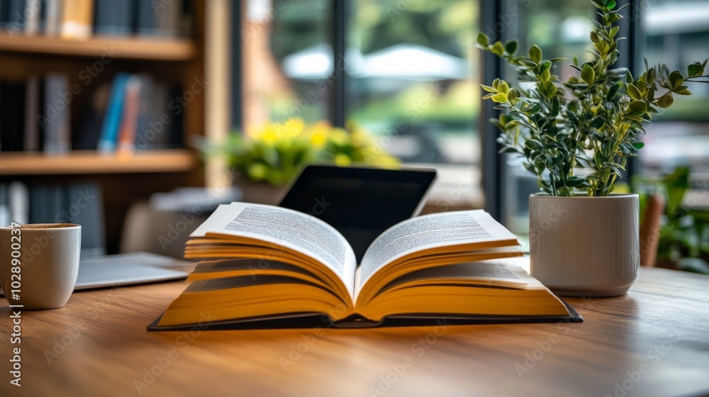 Book placed on top of laptop next to coffee cups on office table Book placed on top of laptop next to coffee cups on office table