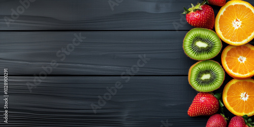 Wooden background with a variety of fruits including kiwi, oranges and strawberries. Top view, copy space concept for a healthy eating or fitness theme design.