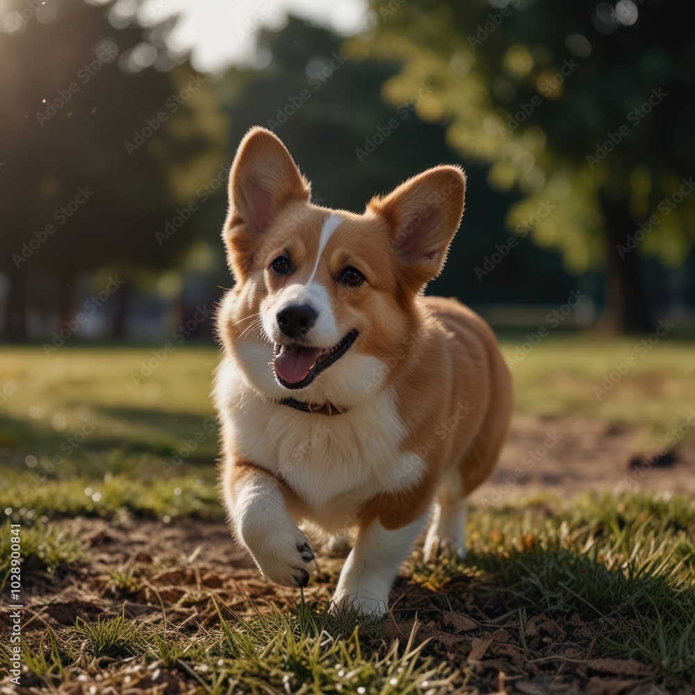 A happy Pembroke Welsh Corgi runs towards the camera in a grassy park with the sun shining down. A happy Pembroke Welsh Corgi runs towards the camera in a grassy park with the sun shining down.