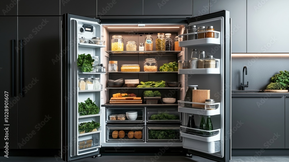 Open refrigerator in a modern kitchen filled with fresh vegetables, herbs, and jars of grains and seeds on shelves and door compartments. Open refrigerator in a modern kitchen filled with fresh vegetables, herbs, and jars of grains and seeds on shelves and door compartments.