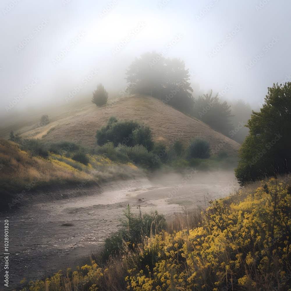 Dry riverl in foggy environment with hill Dry riverl in foggy environment with hill