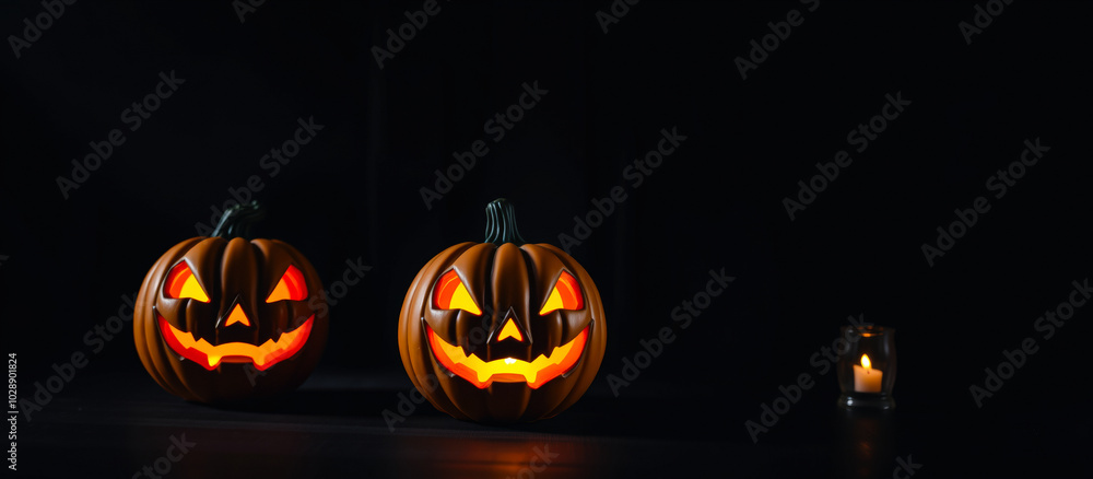 two illuminated pumpkins on a black surface two illuminated pumpkins on a black surface