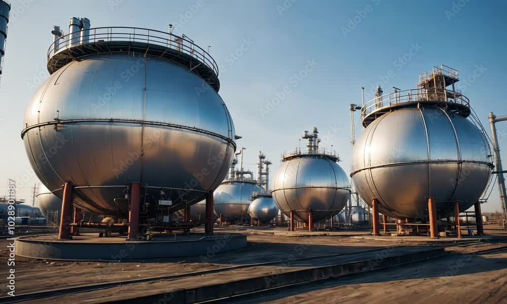 Giant spherical storage tanks reflect the sunlight at a bustling industrial site, showcasing the blend of technology and nature in a serene atmosphere