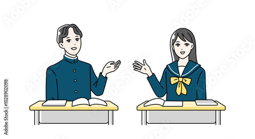 机に向かって勉強をする高校生の男女のイラスト