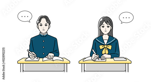 机に向かって黙々と勉強をする高校生の男女のイラスト