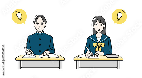 机に向かって勉強をする高校生の男女のイラスト