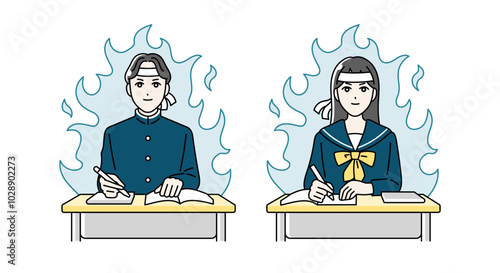 勉強中に居眠りをする高校生の男女のイラスト