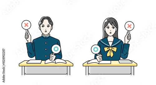 まるばつ札をあげる高校生の男女のイラスト