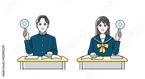 まるばつ札をあげる高校生の男女のイラスト