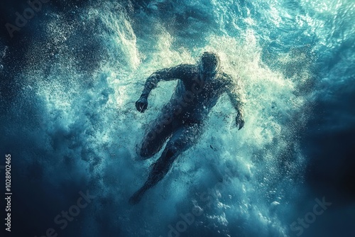 A silhouette of a man swimming underwater in a dark, turbulent sea.