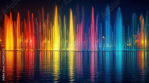Wallpaper Mural Spectacular night fountain show at Tsaritsyno Park, Moscow, with colorful lights reflecting on the water, creating a magical atmosphere Torontodigital.ca