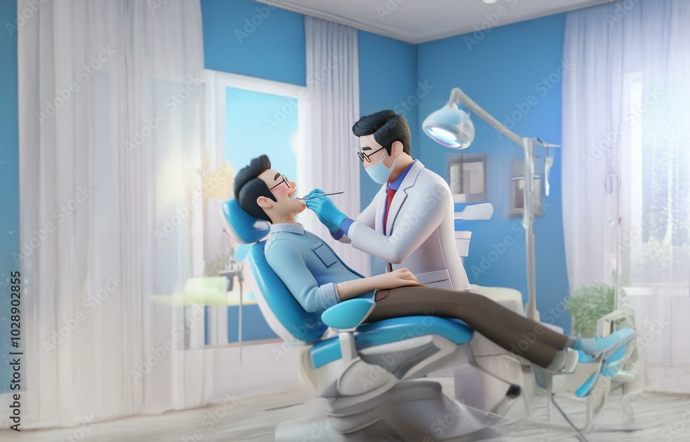 A dentist wearing a white coat and a mask examines a patient in a dental chair. A dentist wearing a white coat and a mask examines a patient in a dental chair.