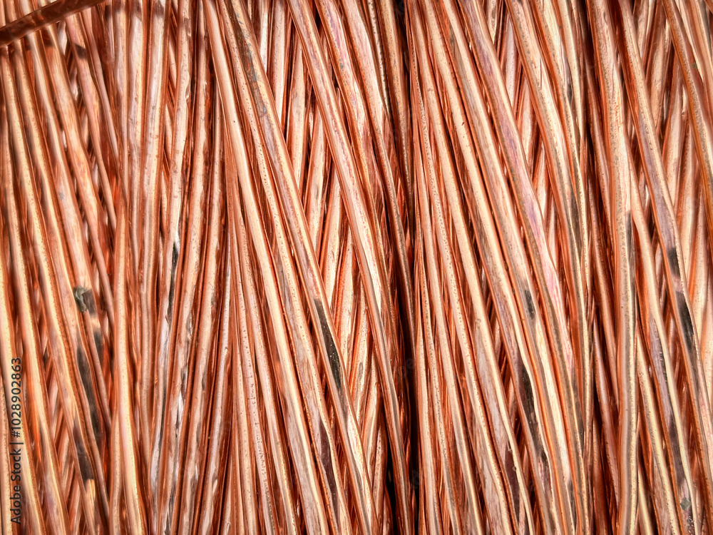 Aligned copper wires displaying consistent patterns and detailed textures in a parallel arrangement. Aligned copper wires displaying consistent patterns and detailed textures in a parallel arrangement.