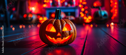 Wallpaper Mural cheerful jack-o-lantern glows on a wooden floor Torontodigital.ca