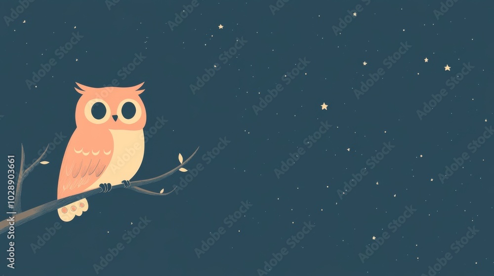 Fototapeta premium A cartoon owl perched on a branch with a starry night sky behind it.