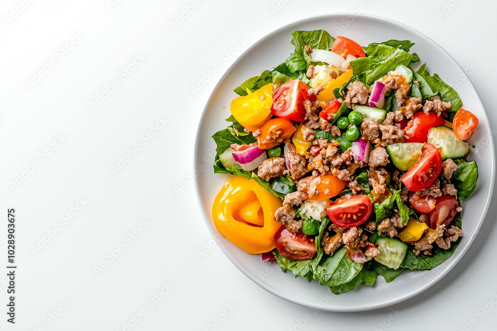 Colorful salad with fresh vegetables on a white plate against a white background. Colorful salad with fresh vegetables on a white plate against a white background.