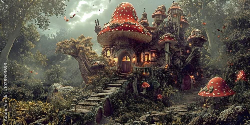 Obraz premium toadstool house, ai generated.