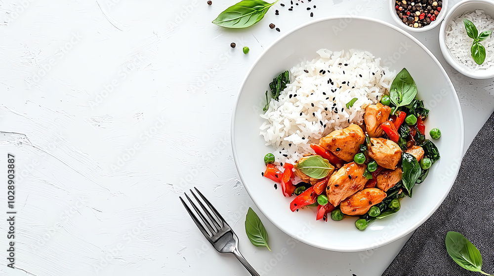 Delicious chicken stir fry with rice and vegetables on a white plate. Delicious chicken stir fry with rice and vegetables on a white plate.