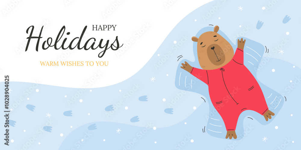 Happy holidays greeting card with funny capybara