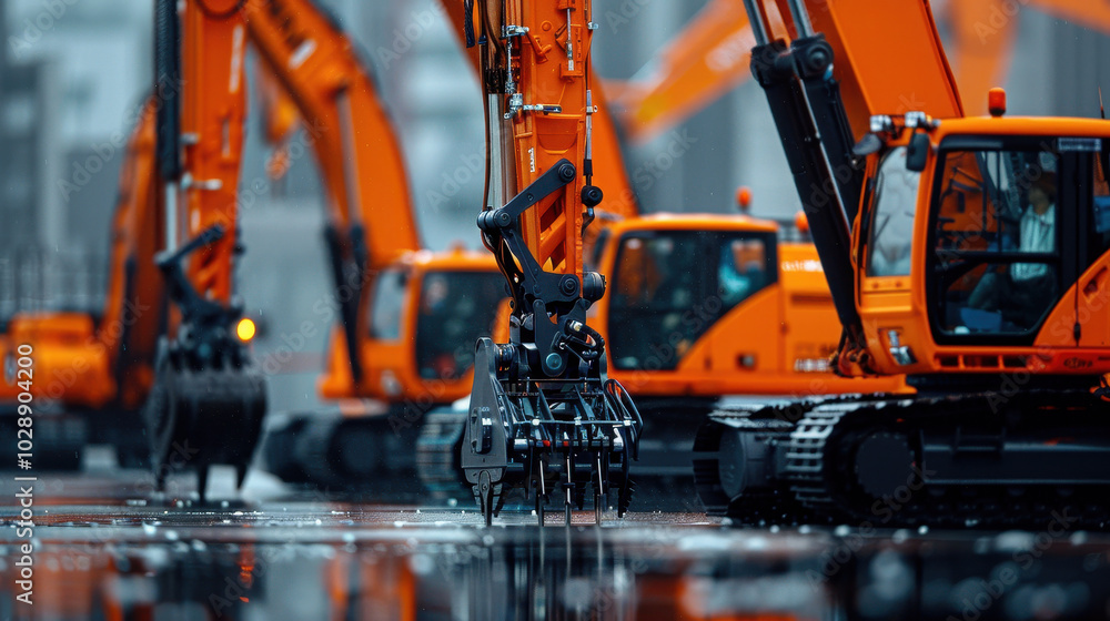 Closeup of orange excavators working on construction site, showcasing their powerful machinery and intricate details. scene captures essence of industrial work and progress Closeup of orange excavators working on construction site, showcasing their powerful machinery and intricate details. scene captures essence of industrial work and progress