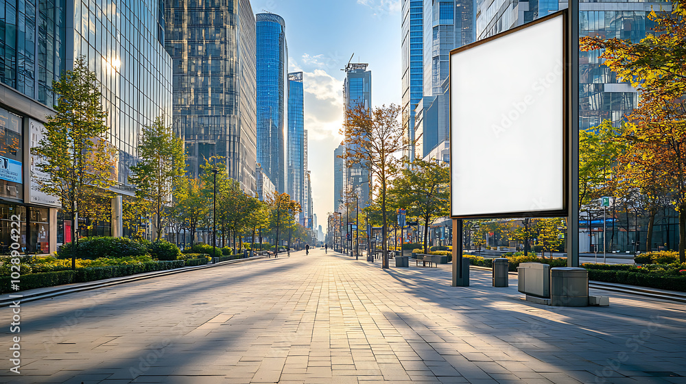 Fototapeta premium Large blank billboard on a clean, wide city sidewalk with modern high-rise apartments in the background